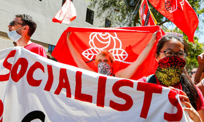 Democratic Socialists of America march in downtown Berkeley, Calif., on Aug. 5, 2018. (Amy Osborne/AFP/Getty Images)