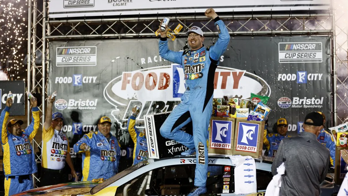 Driver Kyle Busch celebrates after winning a NASCAR Cup Series auto race in Bristol, Tenn., on April 17, 2022. (Wade Payne/AP Photo)