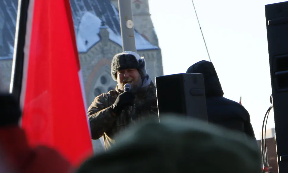 Pat King gives a speech in front of Parliament Hill during the Freedom Convoy protest in Ottawa on Feb. 5, 2021. (Noé Chartier/The Epoch Times)
