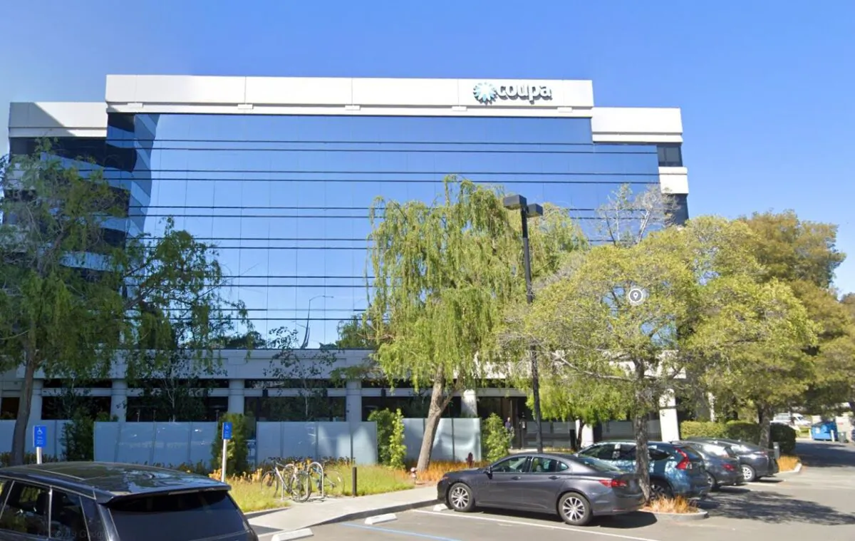 The Coupa Software Inc.'s logo at the company's building in San Mateo, Calif., in May 2019. (Google Maps/Screenshot via The Epoch Times)
