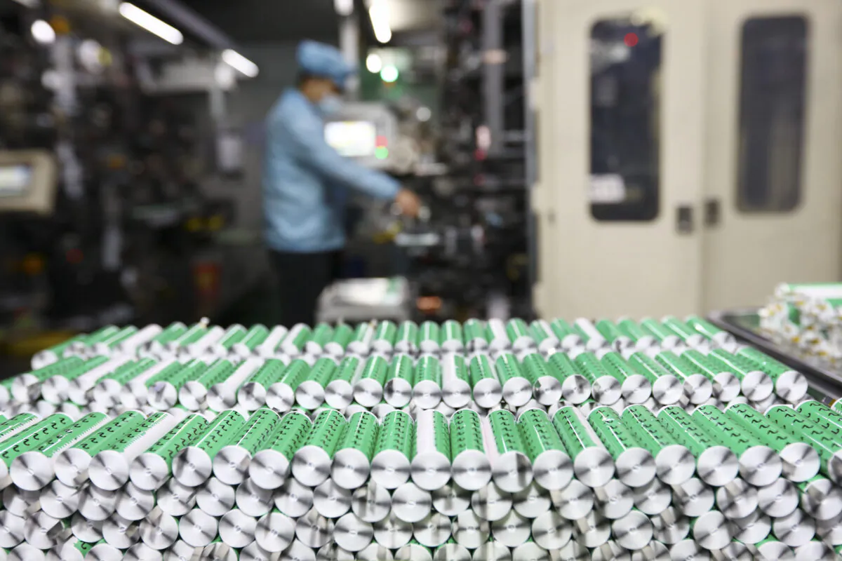 Lithium batteries displayed in the workshop of a lithium battery manufacturing company in Huaibei, eastern China's Anhui Province, on Nov. 14, 2020. (STR/AFP via Getty Images)