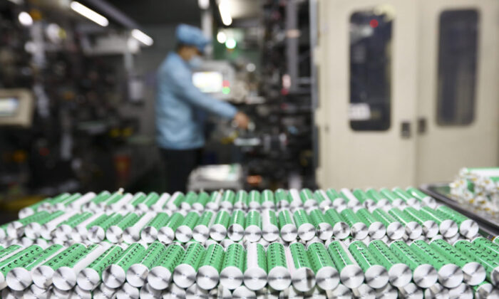 Lithium batteries displayed in the workshop of a lithium battery manufacturing company in Huaibei, eastern China's Anhui Province, on Nov. 14, 2020. (STR/AFP via Getty Images)