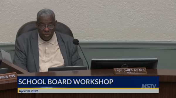 Screenshot of Manatee County School Board Chair Rev. James Golden from the April 18, 2022 Manatee County School Board Workshop.