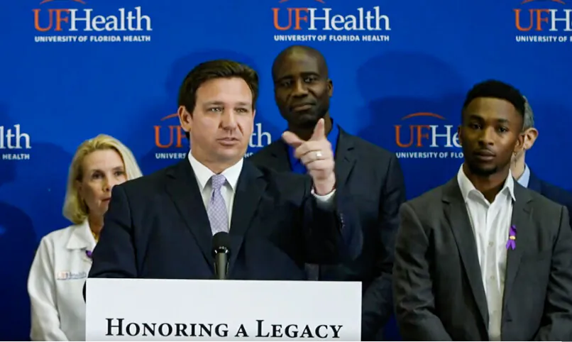 Fla. Gov. Ron DeSantis (R) takes questions at a press conference April 18, 2021 in Jacksonville. 