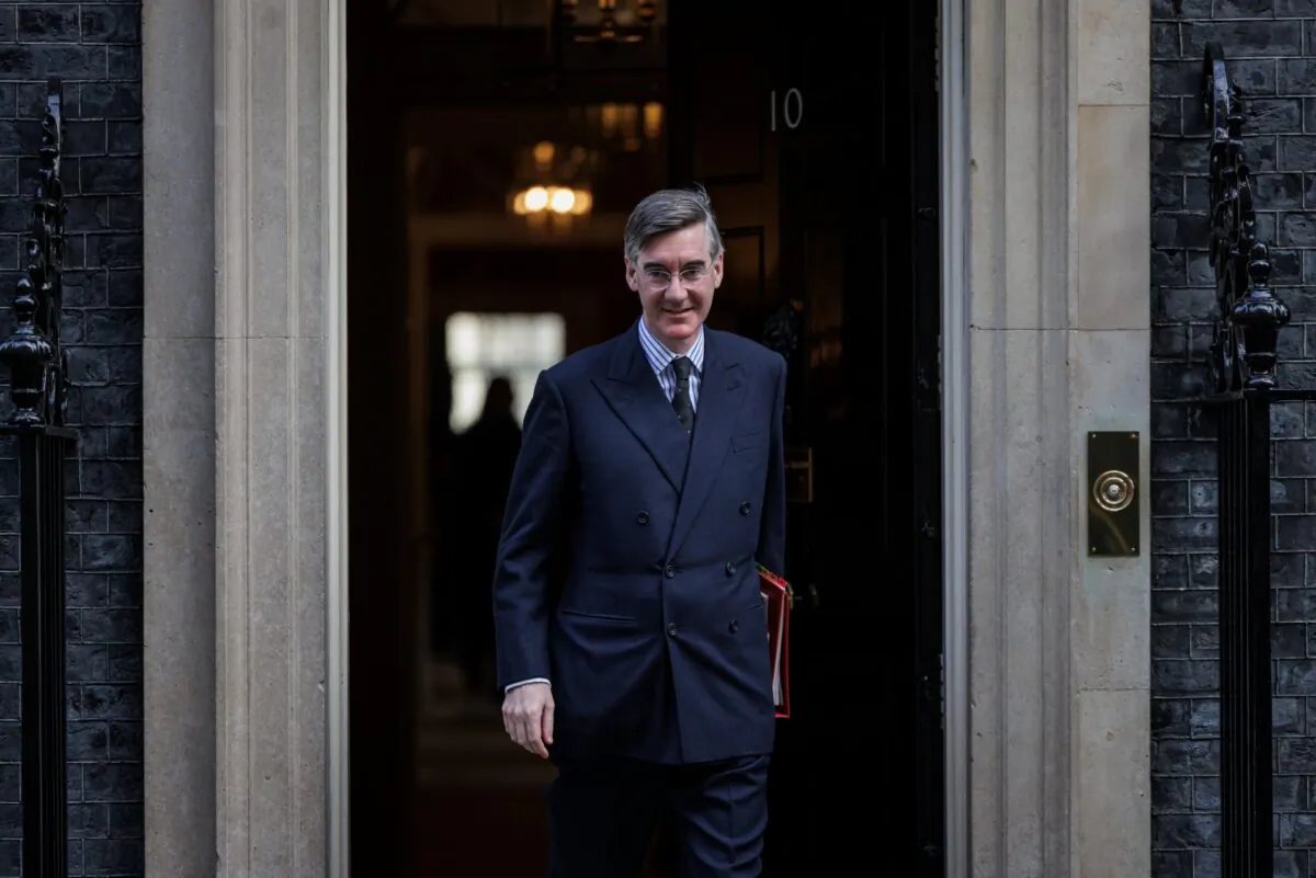 Cabinet minister Jacob Rees-Mogg leaves 10 Downing Street in London, on Feb. 8, 2022. (Rob Pinney/Getty Images)