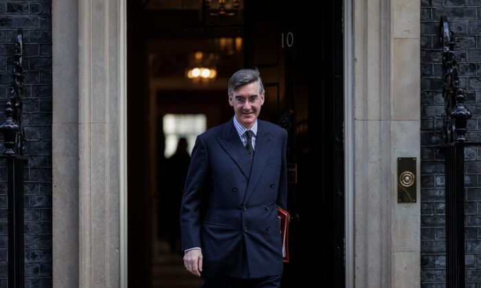 Cabinet minister Jacob Rees-Mogg leaves 10 Downing Street in London, on Feb. 8, 2022. (Rob Pinney/Getty Images)