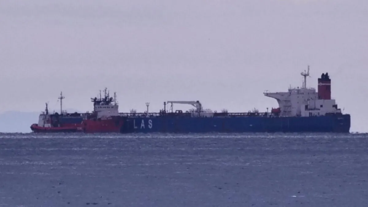 The seized Russian-flagged oil tanker Pegas is seen anchored off the shore of Karystos, on the Island of Evia, Greece, on April 19, 2022. (Vassilis Triandafyllou/Reuters)