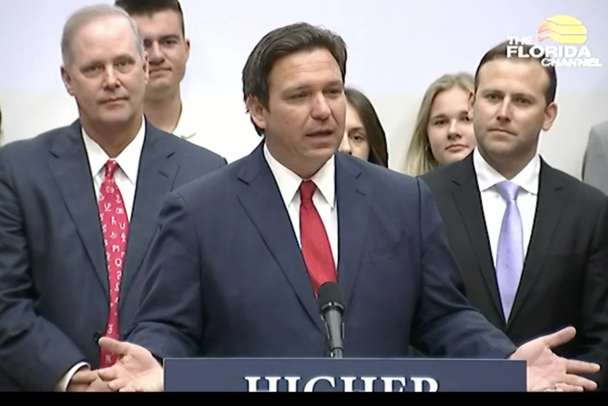Florida Gov. Ron DeSantis holds press conference in The Villages and signs SB 7044 on April 19, 2022. (Screenshot, The Florida Channel)
