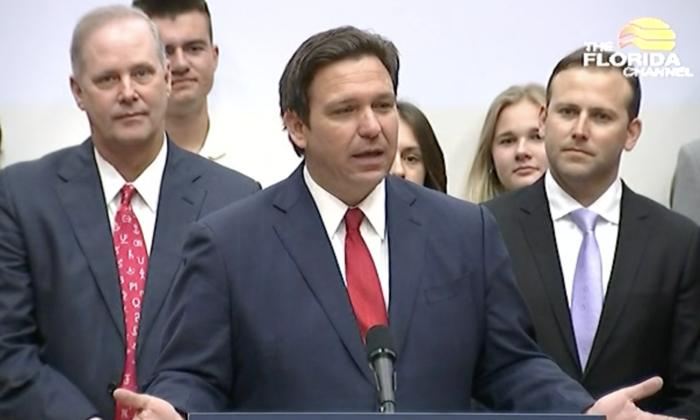 Florida Gov. Ron DeSantis holds press conference in The Villages and signs SB 7044 on April 19, 2022. (Screenshot, The Florida Channel)