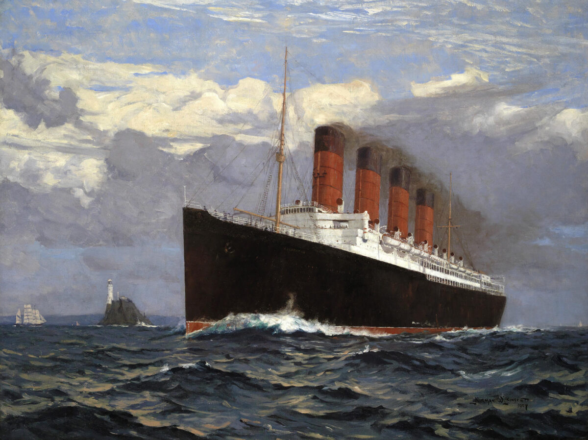 The sinking of the Lusitania by Germany in 1915 provoked some Americans to want to join World War I. “Luisitania,” 1907, by Norman Wilkinson. Oil on canvas; 30 inches by 40 inches. Bonhams. (Public Domain)