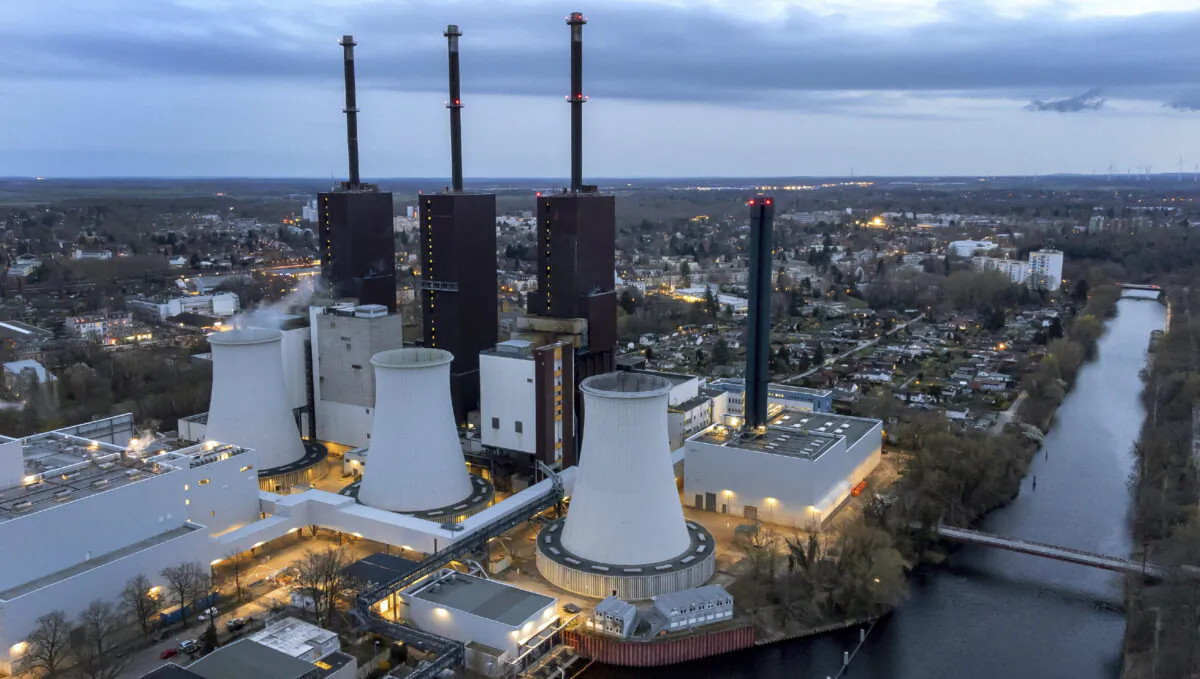 Steam leaves a cooling tower of the Lichterfelde gas-fired power plant in Berlin, Germany, on Mar. 30, 2022. (Michael Sohn/AP Photo)