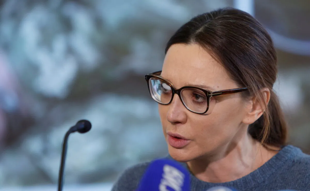 Oksana Marchenko, wife of pro-Russian Ukrainian politician Viktor Medvedchuk who was detained in Ukraine, attends a news conference in Moscow, on April 15, 2022. (Maxim Shemetov/Reuters)