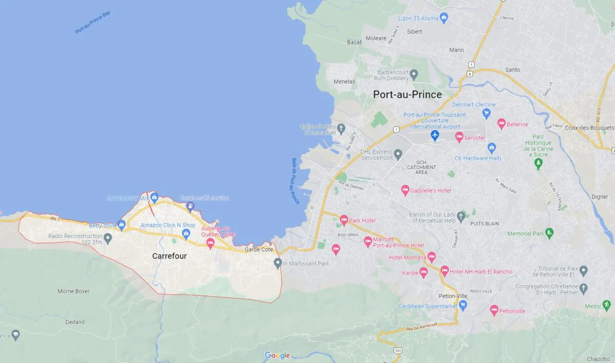 Map photo of Carrefour area in the Haitian capital of Port-au-Prince, where a small plane crashed, on April 20, 2022. (Google Map/Screenshot via The Epoch Times)