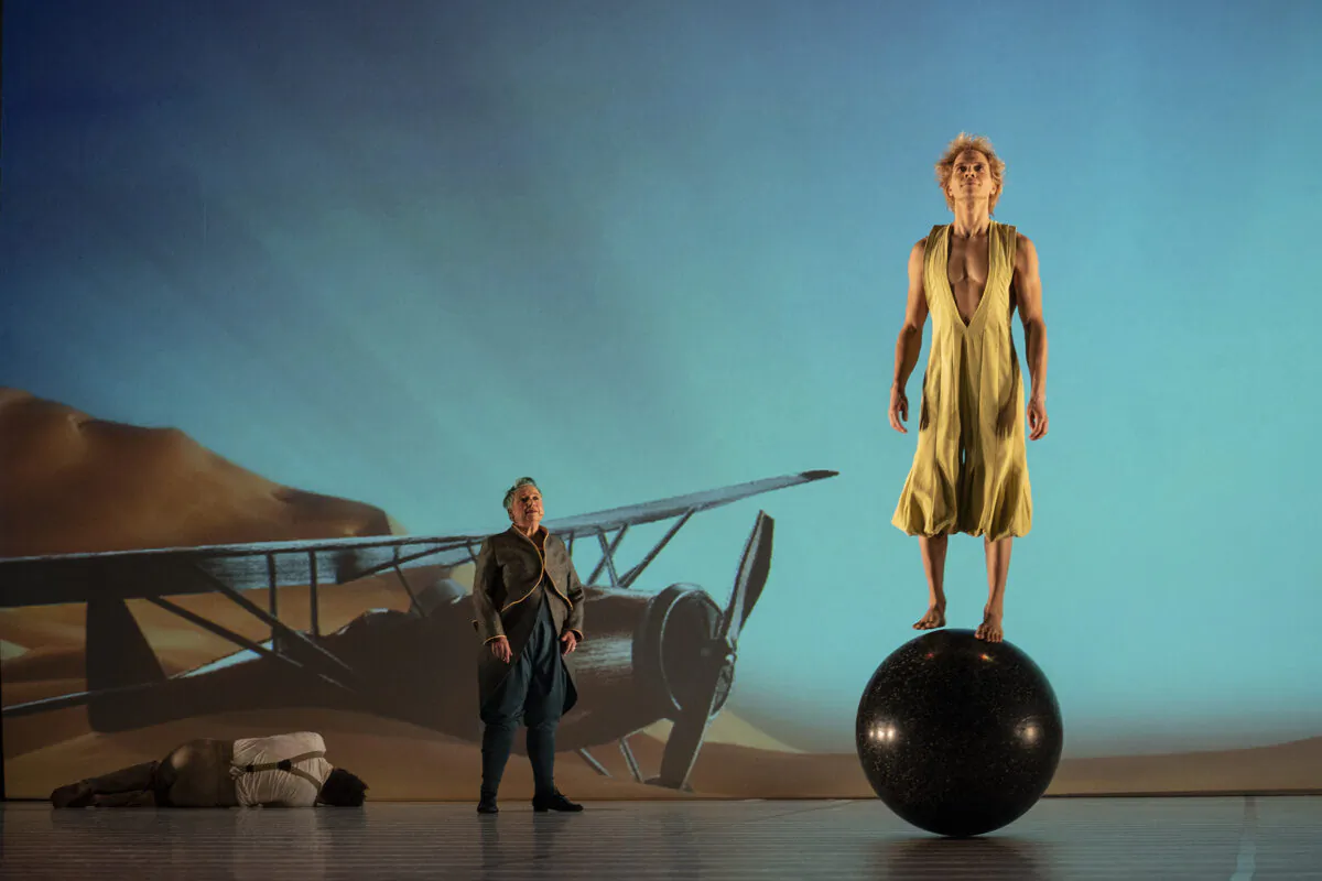 Chris Mouron (C) as The Narrator and Lionel Zalachas (R) as The Little Prince in "The Little Prince." (Joan Marcus)