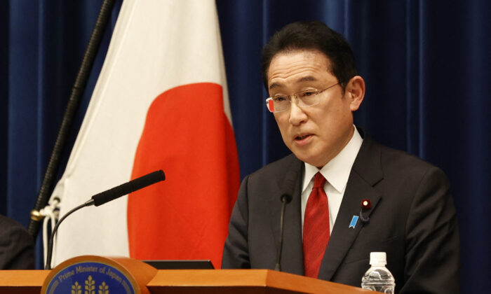 Japan's Prime Minister Fumio Kishida speaks during a press conference in Tokyo on April 8, 2022. (Rodrigo Reyes Marin/AFP via Getty Images)