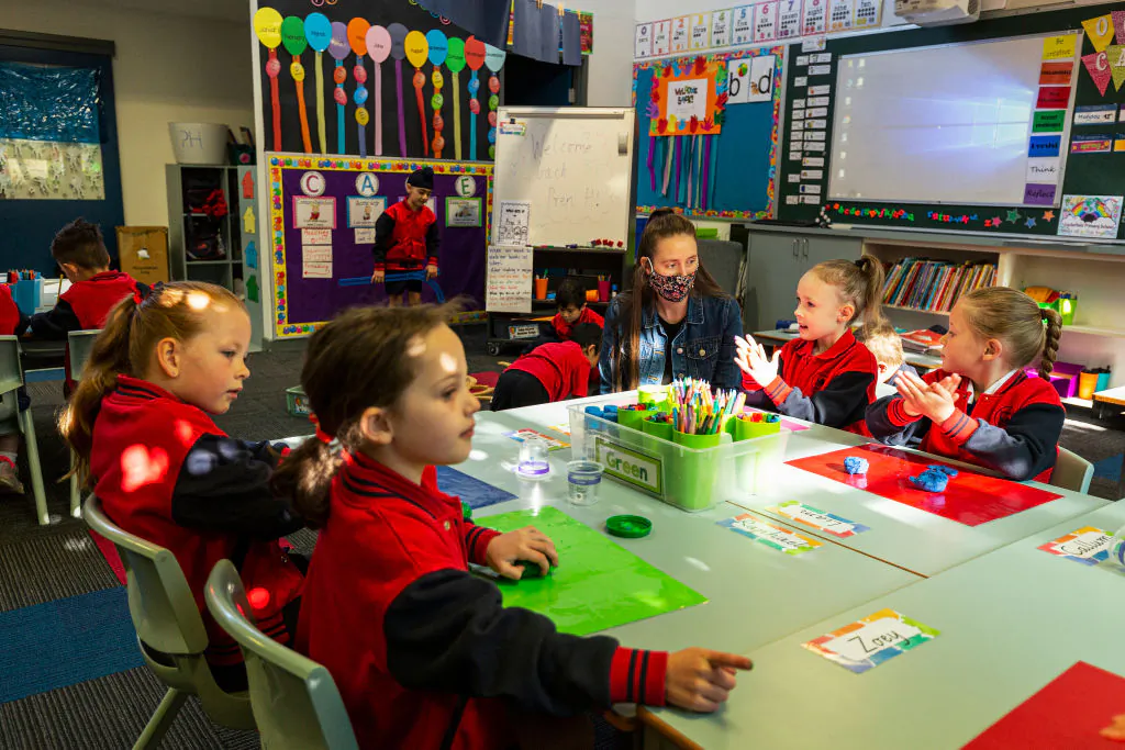 Prep students enjoy returning to the classroom at Lysterfield Primary School on October 12, 2020 in Melbourne, Australia. (Photo by Daniel Pockett/Getty Images)