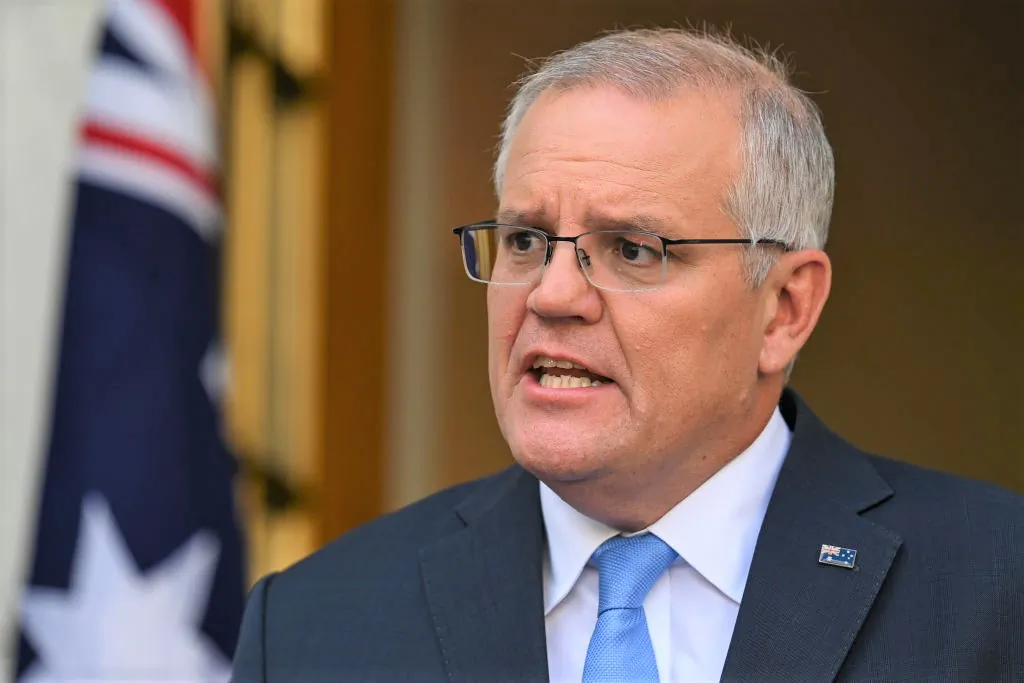 Prime Minister Scott Morrison addresses media at Parliament House in Canberra, Australia on April 10, 2022. (Martin Ollman/Getty Images)