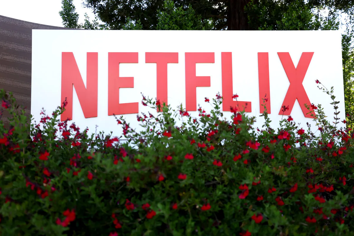 A sign is posted in front of Netflix headquarters in Los Gatos, Calif., on April 20, 2022. (Justin Sullivan/Getty Images)