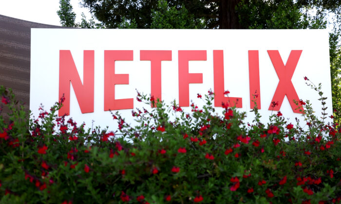 A sign is posted in front of Netflix headquarters in Los Gatos, Calif., on April 20, 2022. (Justin Sullivan/Getty Images)