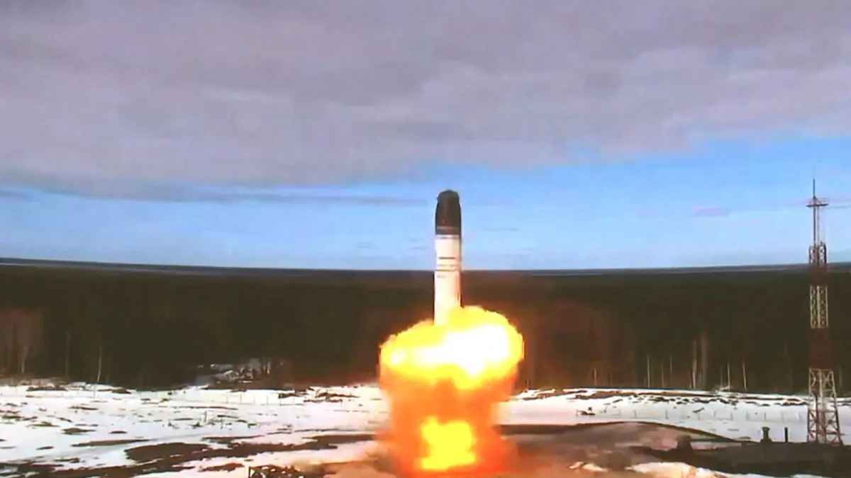 The Sarmat intercontinental ballistic missile is launched during a test at Plesetsk cosmodrome in Arkhangelsk region, Russia, in this still image taken from a video released on April 20, 2022. (Russian Defence Ministry/via Reuters)