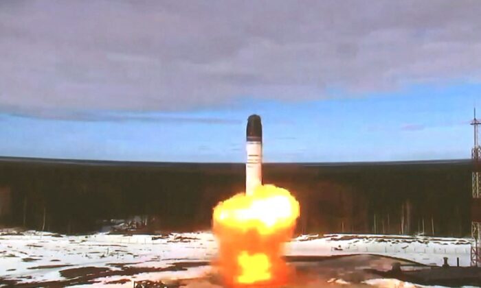 The Sarmat intercontinental ballistic missile is launched during a test at Plesetsk cosmodrome in Arkhangelsk region, Russia, in this still image taken from a video released on April 20, 2022. (Russian Defence Ministry/via Reuters)