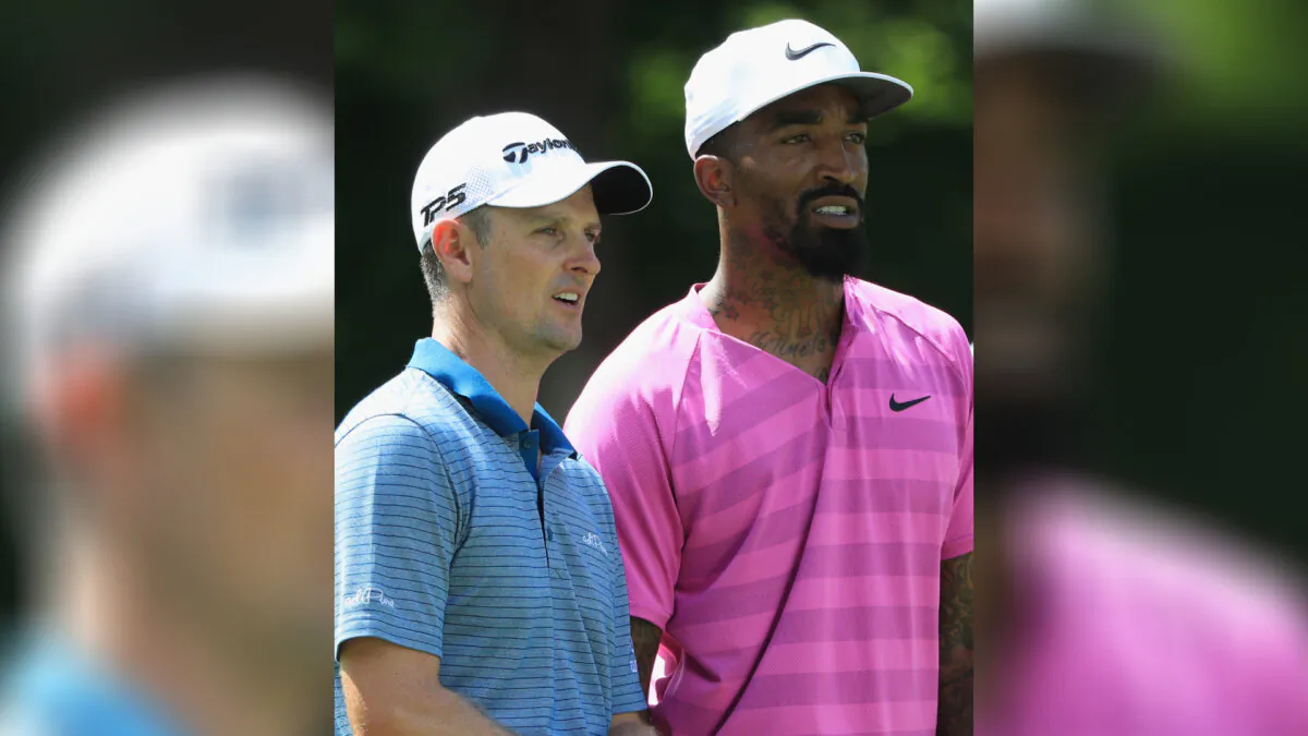 Justin Rose of England and Earl Joseph "J. R." Smith III of the Cleveland Cavaliers are pictured together during the Pro Am event prior to the start of The Northern Trust at Ridgewood CC, in Ridgewood, New Jersey on Aug. 22, 2018. (Andrew Redington/Getty Images)
