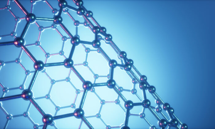 3D Illustration structure of the graphene tube, abstract nanotechnology hexagonal geometric form close-up. (Rost9/Shutterstock)