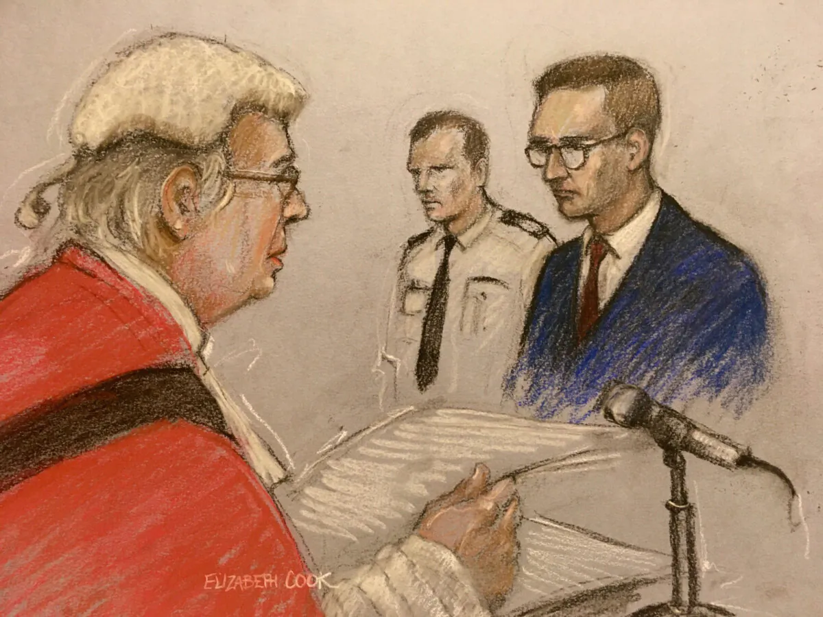 Court artist drawing of James Watson appearing in the dock at the Old Bailey in London. (Elizabeth Cook/PA)