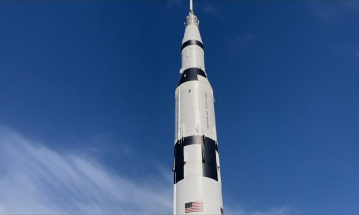Tilt up of Saturn V rocket mockup at the U.S. Space and Rocket Center in Huntsville, Ala., in a still from a video, on April 20, 2022. (AP/Screenshot via The Epoch Times)