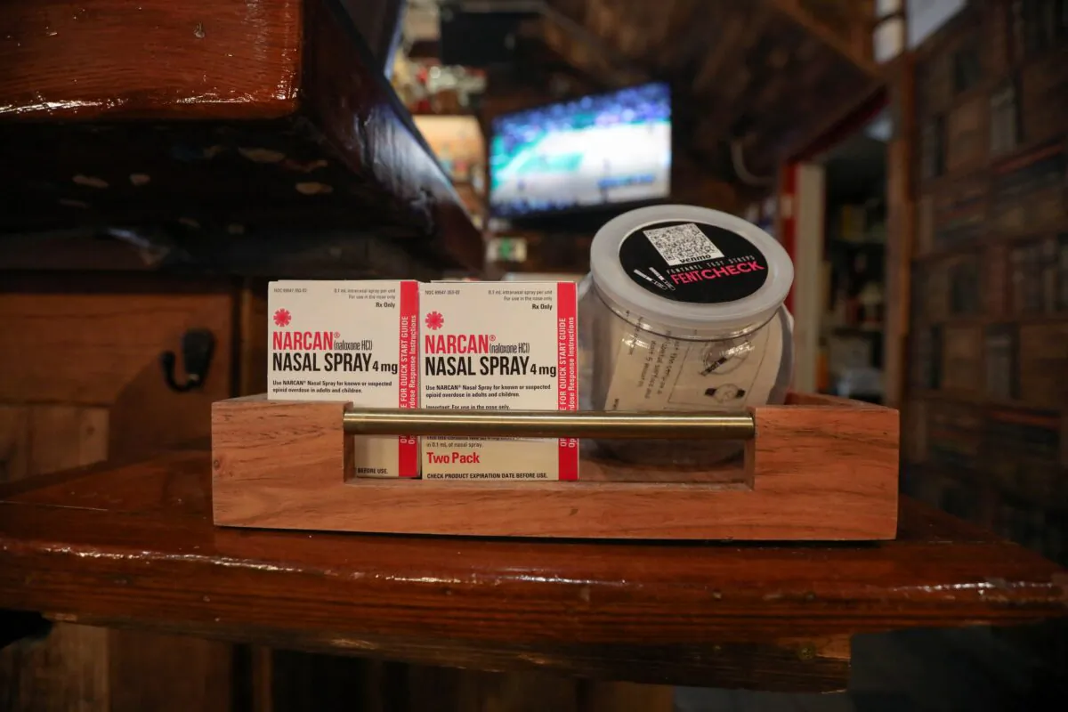 Fentanyl test strips in a container and Narcan at The Legionnaire bar in Oakland, Calif., on March 3, 2022. (Nathan Frandino/Reuters)