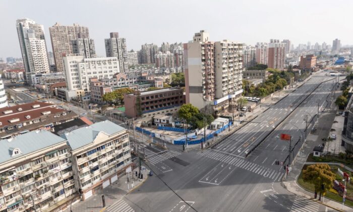 Empty streets are seen during the second stage of a COVID-19 lockdown in the Yangpu district of Shanghai, China, on April 1, 2022. (STR/AFP via Getty Images)