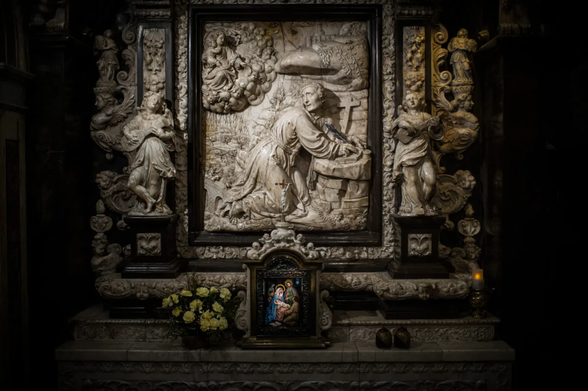 A detailed view of the altarpiece shows Saint Ignatius of Loyola writing the Spiritual Excercises at the Cave of Saint Ignatius of Loyola in Manresa, Spain, on May 2, 2013. (David Ramos/Getty Images)