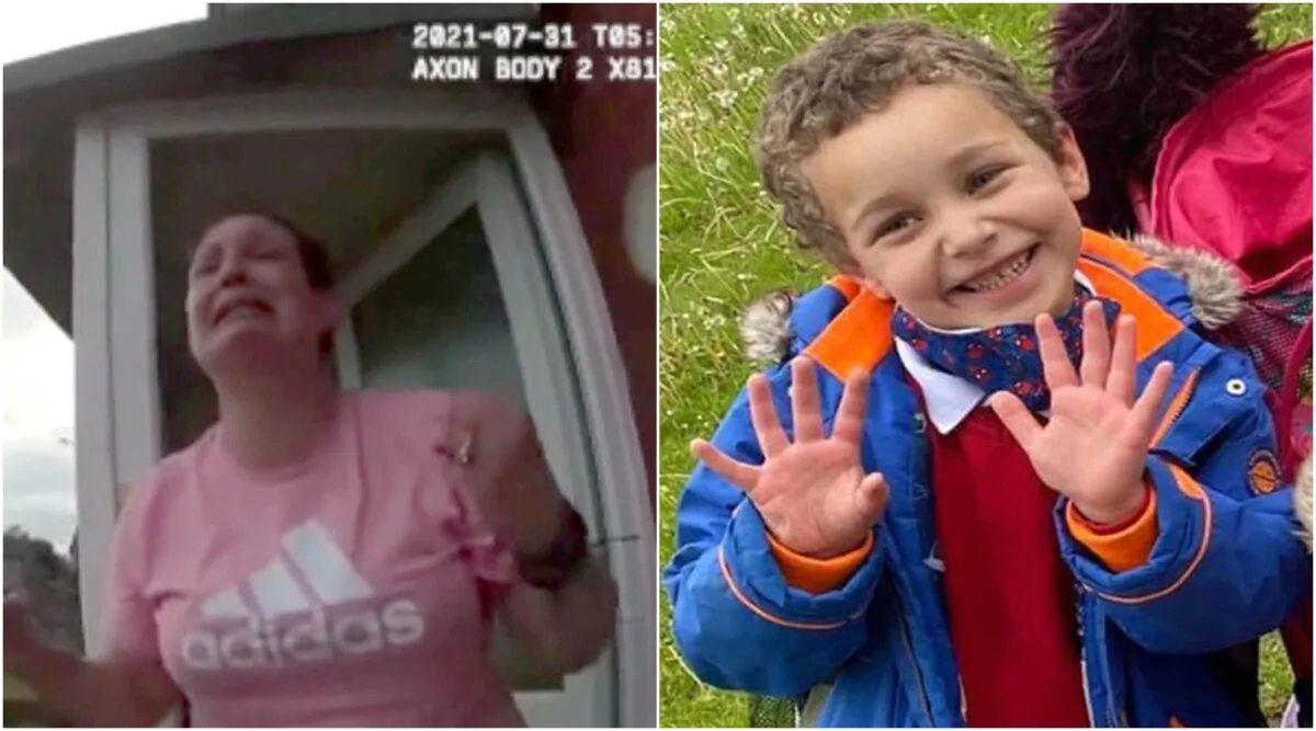Police body-worn video footage of Angharad Williamson, 31, (L) on the doorstep of their home in  Bridgend on July 31, 2021 and an undated police handout image of her murdered son Logan Mwangi. (South Wales Police/PA)