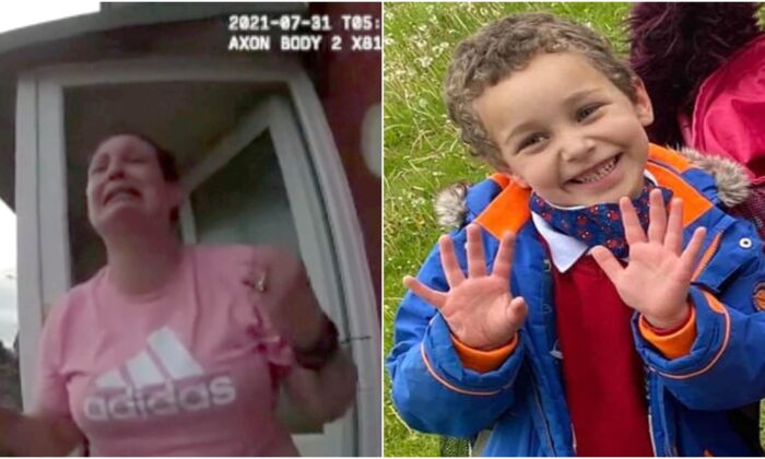 Police body-worn video footage of Angharad Williamson, 31, (L) on the doorstep of their home in  Bridgend on July 31, 2021 and an undated police handout image of her murdered son Logan Mwangi. (South Wales Police/PA)
