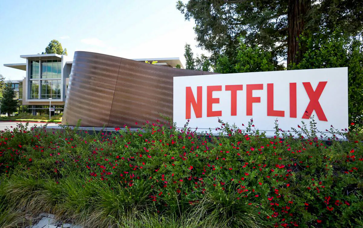 A sign is posted in front of Netflix headquarters in Los Gatos, Calif., on April 20, 2022. (Justin Sullivan/Getty Images)