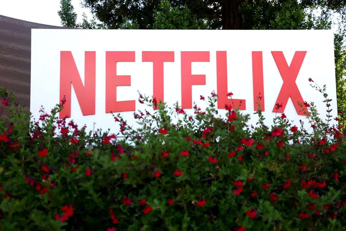 A sign is posted in front of Netflix headquarters in Los Gatos, Calif. on April 20, 2022.  (Justin Sullivan/Getty Images)