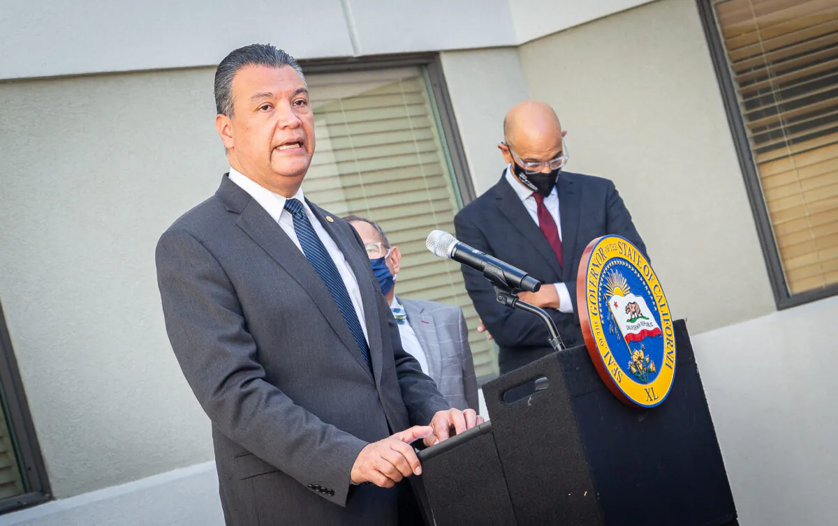 California Senator Alex Padilla speaks in Los Angeles, Calif., on Nov. 10, 2021. (John Fredricks/The Epoch Times)