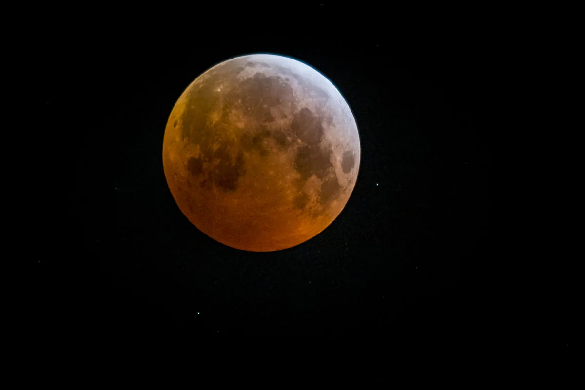 An illustration picture shows a total lunar eclipse and blood moon over the sky in Mechelen, Belgium, on Jan. 21, 2019. (Jasper Jacobs/AFP via Getty Images)