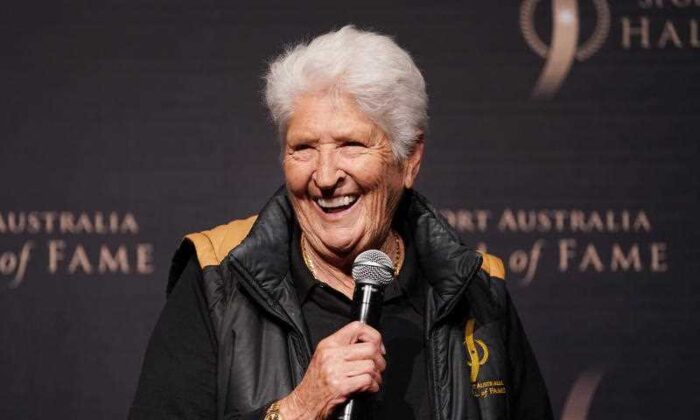 Dawn Fraser AO MBE speaks during the Sport Australia Hall of Fame 35th Induction and Awards Gala Dinner at the Palladium at Crown in Melbourne, Thursday, October 10, 2019. (AAP Image/Michael Dodge)
