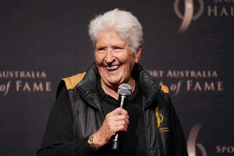 Dawn Fraser AO MBE speaks during the Sport Australia Hall of Fame 35th Induction and Awards Gala Dinner at the Palladium at Crown in Melbourne, Thursday, October 10, 2019. (AAP Image/Michael Dodge)