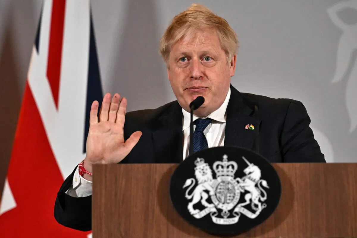 Britain's Prime Minister Boris Johnson speaks during a press conference in New Delhi, India, on April 22, 2022. (Ben Stansall - WPA Pool/Getty Images)