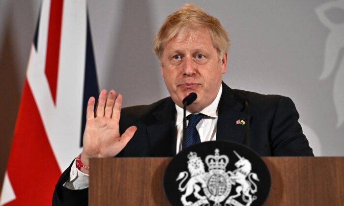 Britain's Prime Minister Boris Johnson speaks during a press conference in New Delhi, India, on April 22, 2022. (Ben Stansall - WPA Pool/Getty Images)