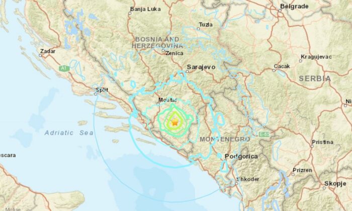 Seismic map photo of an earthquake that struck the Bosnia and Herzegovina region, on April 22, 2022. (USGS/Screenshot via The Epoch Times) 