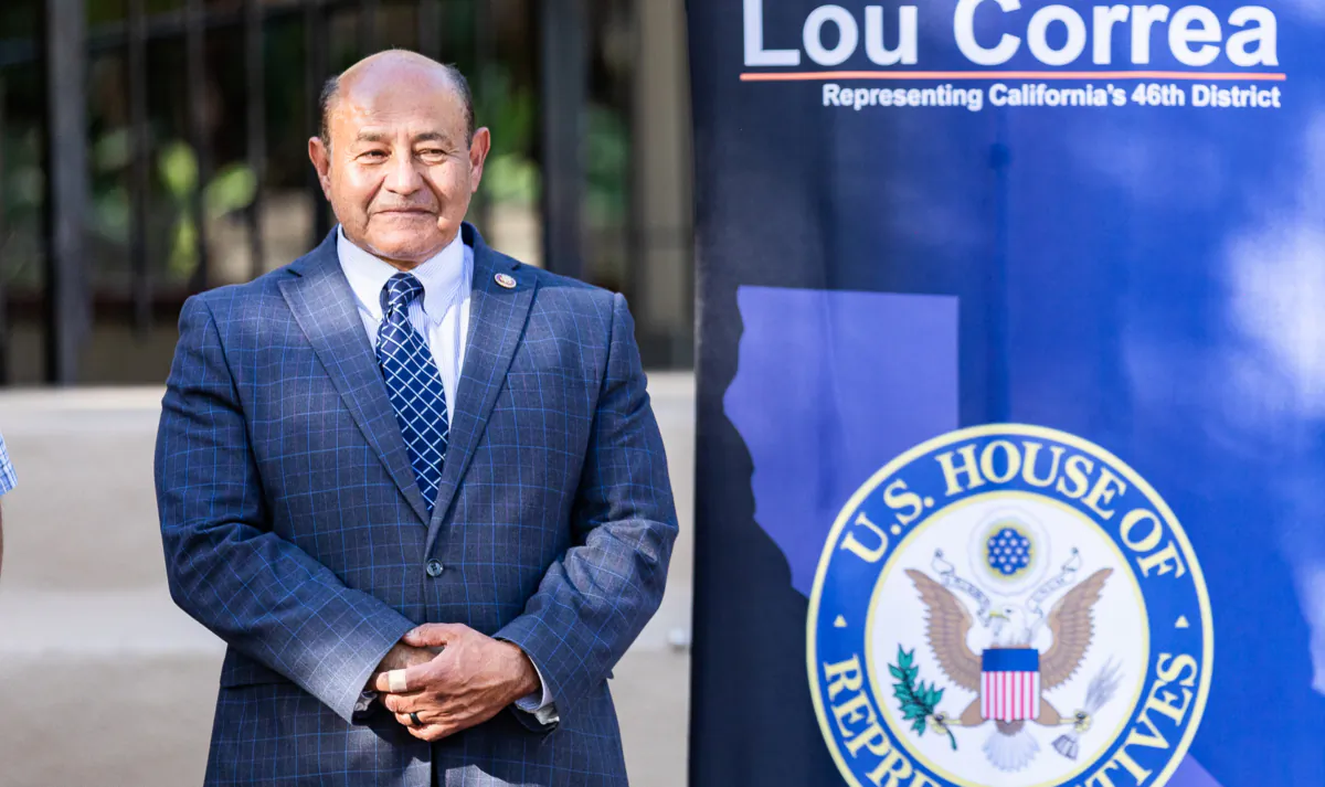 Congressman Lou Correa presents funding for a Pickleball complex in Orange, Calif., on April 21, 2022. (John Fredricks/The Epoch Times)