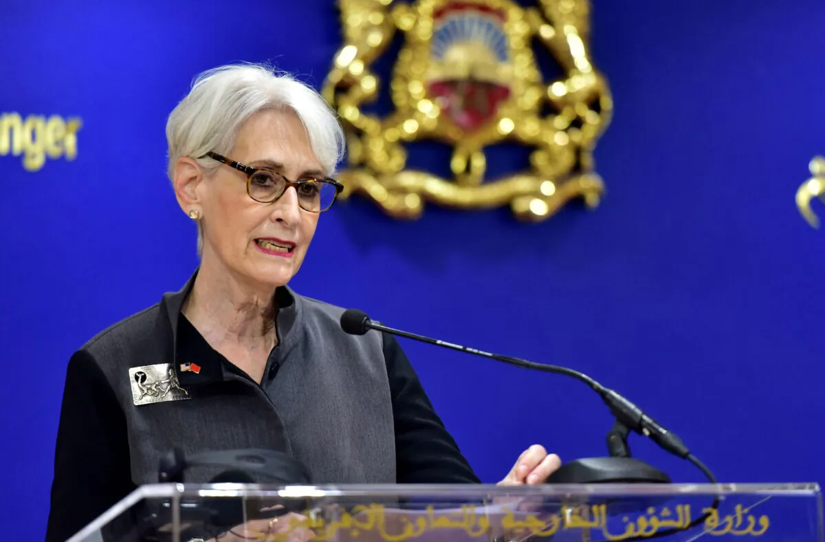 U.S. Deputy Secretary of State Wendy Sherman at a joint press conference with Morocco's foreign minister following their meeting in Rabat on March 8, 2022. (AFP via Getty Images)