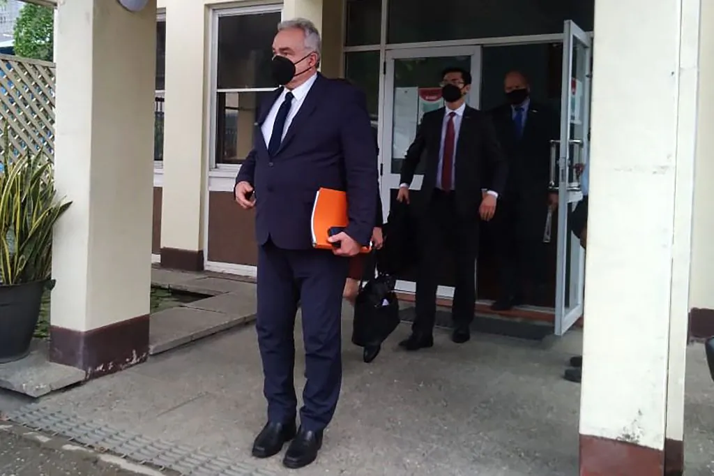 Kurt Campbell (C) as US National Security Council's Indo-Pacific coordinator leaves after a meeting with the Solomon Islands government in Honiara on April 22, 2022. (Mavis Podocolo/AFP via Getty Images)