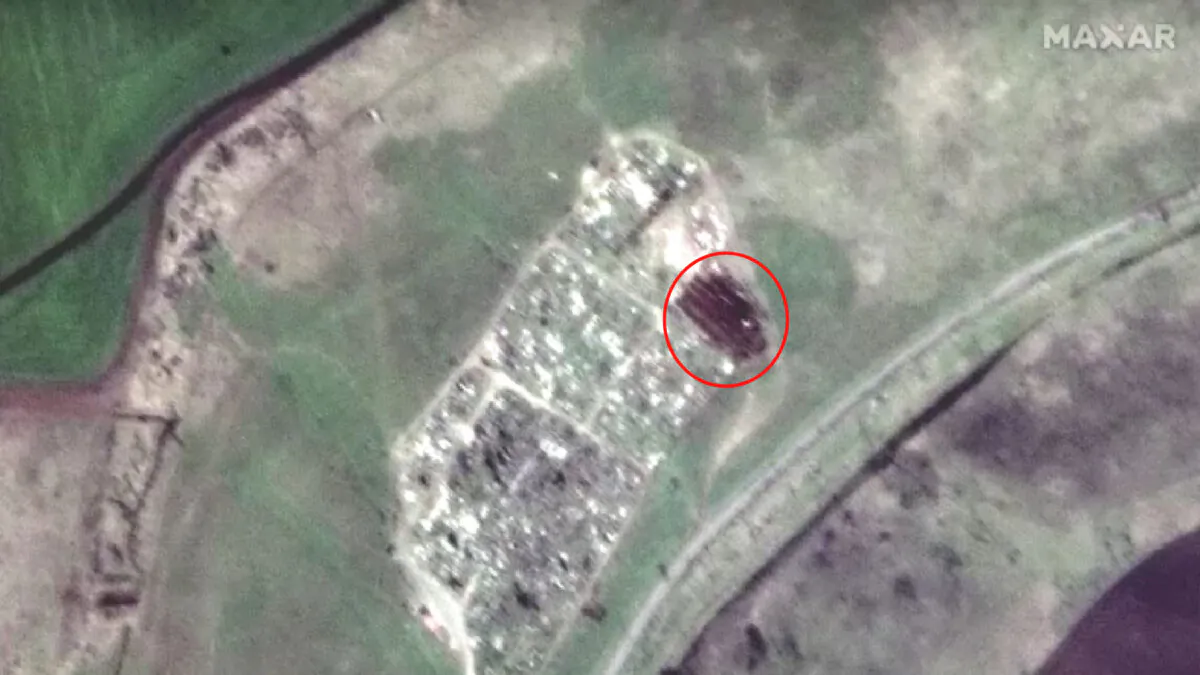 Satellite image of more trenches dug into land outside Mariupol, Ukraine, on April 15, 2022. (Maxar Technologies via Reuters)