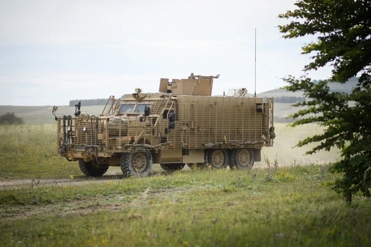 A Mastiff armoured vehicle is seen during a military exercise on Salisbury Plains near Warminster, England, on July 23, 2020. (Leon Neal/Getty Images)