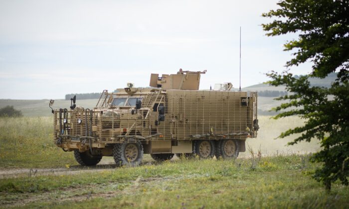 A Mastiff armoured vehicle is seen during a military exercise on Salisbury Plains near Warminster, England, on July 23, 2020. (Leon Neal/Getty Images)