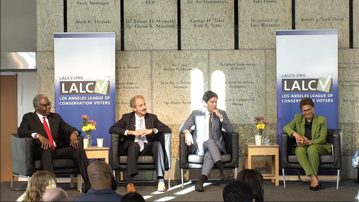 A few mayoral candidates discussed issues brought forth by the Los Angeles League of Conservation Voters (LALCV) in Los Angeles on April 21, 2022. (Screenshot via YouTube/LALCV)